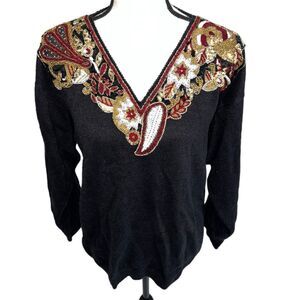Vintage Eminent Detailed Beaded Applique Black Glitter Sweater - M